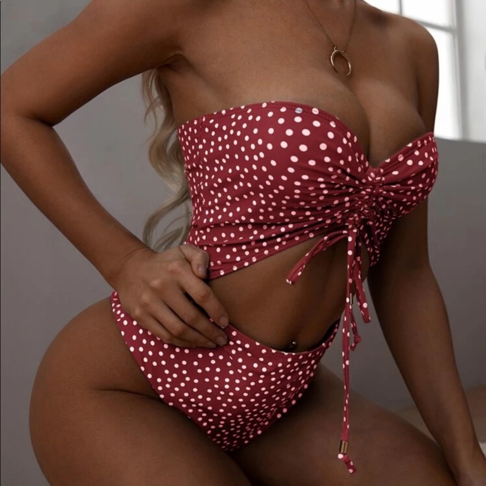 Polka dot drawstring one piece swimsuit